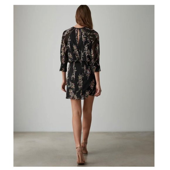 $320 Reiss UK 14 US 10 Roma Mini Dress Blouson Black Watercolor Floral Pink - Picture 2 of 7